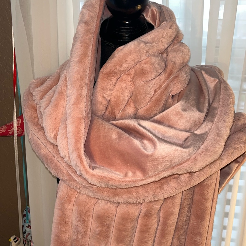 Pink faux fur long wrap around scarf Warmth elegance. Soft & cozy. 73”x12 1/2”